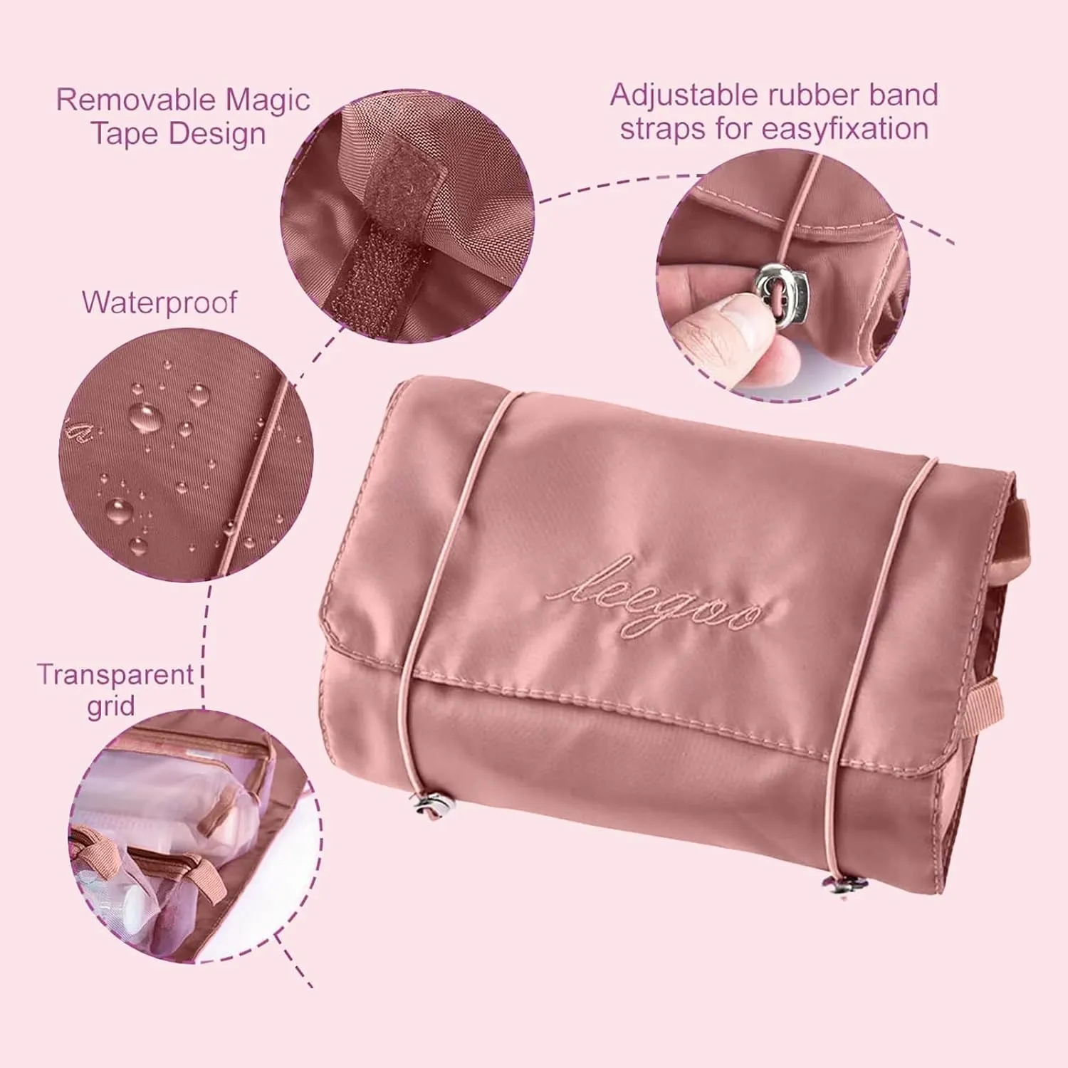 LAKSMI 4-in-1 Hanging Cosmetic Organizer - Portable Detachable Folding Mesh Travel Bag Set with Multiple Compartments, Ideal for Makeup and Toiletries,Pink