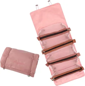 LAKSMI 4-in-1 Hanging Cosmetic Organizer - Portable Detachable Folding Mesh Travel Bag Set with Multiple Compartments, Ideal for Makeup and Toiletries,Pink