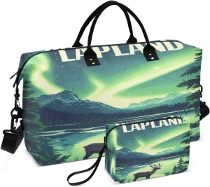 Lapland Reindeer Aurora Borealis Sports Gym Bag for Women Men Travel Duffel Bag Weekend Overnight Carry on Bag with Toiletry Bag Training Handbag for Plane Hospital Workout Swimming Yoga