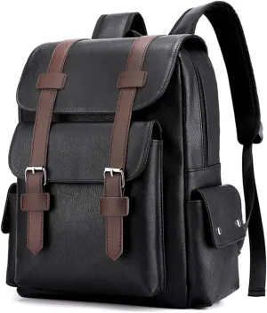 Laptop Backpack PU Leather Casual Backpack 15.6 inch Travel Backpack Hiking Backpack Black Backpack