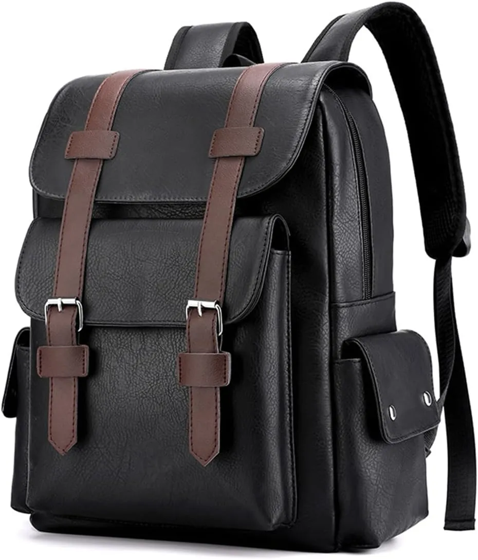 Laptop Backpack PU Leather Casual Backpack 15.6 inch Travel Backpack Hiking Backpack Black Backpack