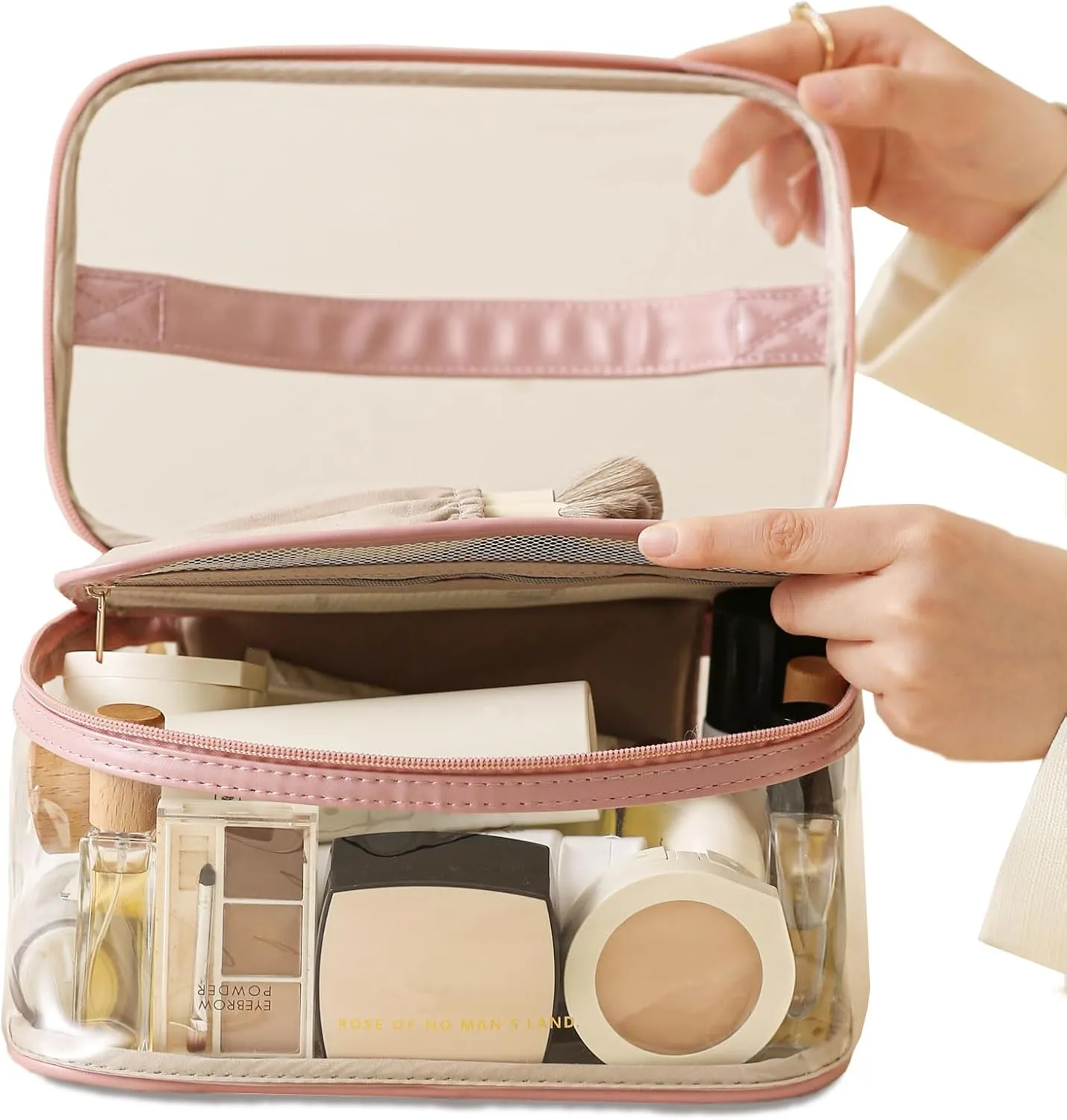 Large Clear Makeup Bag Big Cosmetic Bags Waterproof Toiletry Orangizer with Handle Transparent Toiletries Case Travel Pouch for Women Girls Daily Beauty Purse Essentials Skincare Bag Pink