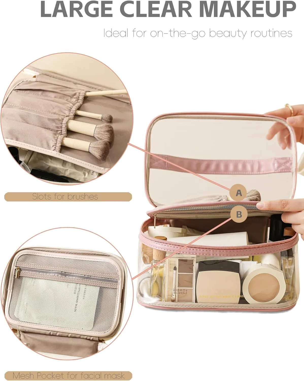 Large Clear Makeup Bag Big Cosmetic Bags Waterproof Toiletry Orangizer with Handle Transparent Toiletries Case Travel Pouch for Women Girls Daily Beauty Purse Essentials Skincare Bag Pink