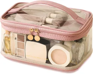 Large Clear Makeup Bag Big Cosmetic Bags Waterproof Toiletry Orangizer with Handle Transparent Toiletries Case Travel Pouch for Women Girls Daily Beauty Purse Essentials Skincare Bag Pink
