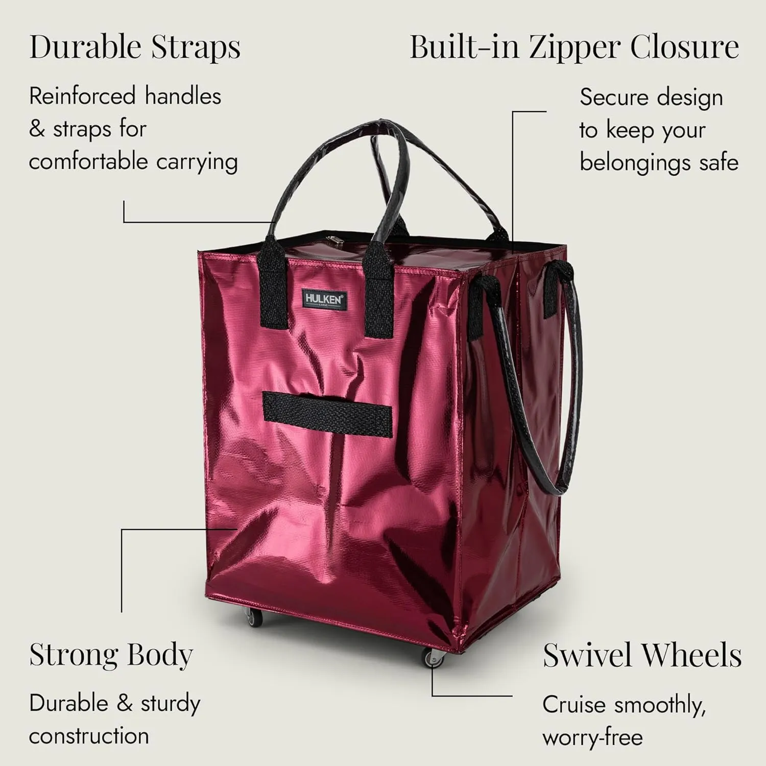 (Large, Cosmic Red Reusable Grocery Bag On Wheels, Shopping Trolley, Rolling Tote, Zipper Closure, Lightweight, Carries Up to 66 lb, Folds Flat, Unbreakable Handles