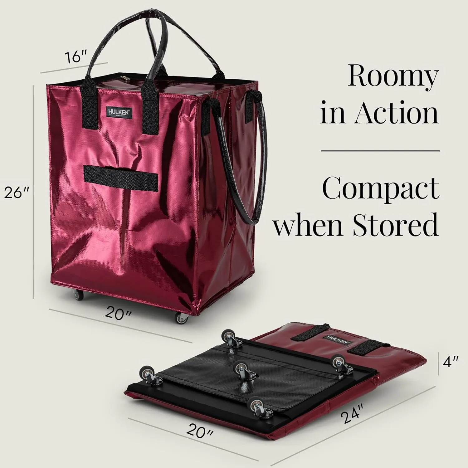 (Large, Cosmic Red Reusable Grocery Bag On Wheels, Shopping Trolley, Rolling Tote, Zipper Closure, Lightweight, Carries Up to 66 lb, Folds Flat, Unbreakable Handles