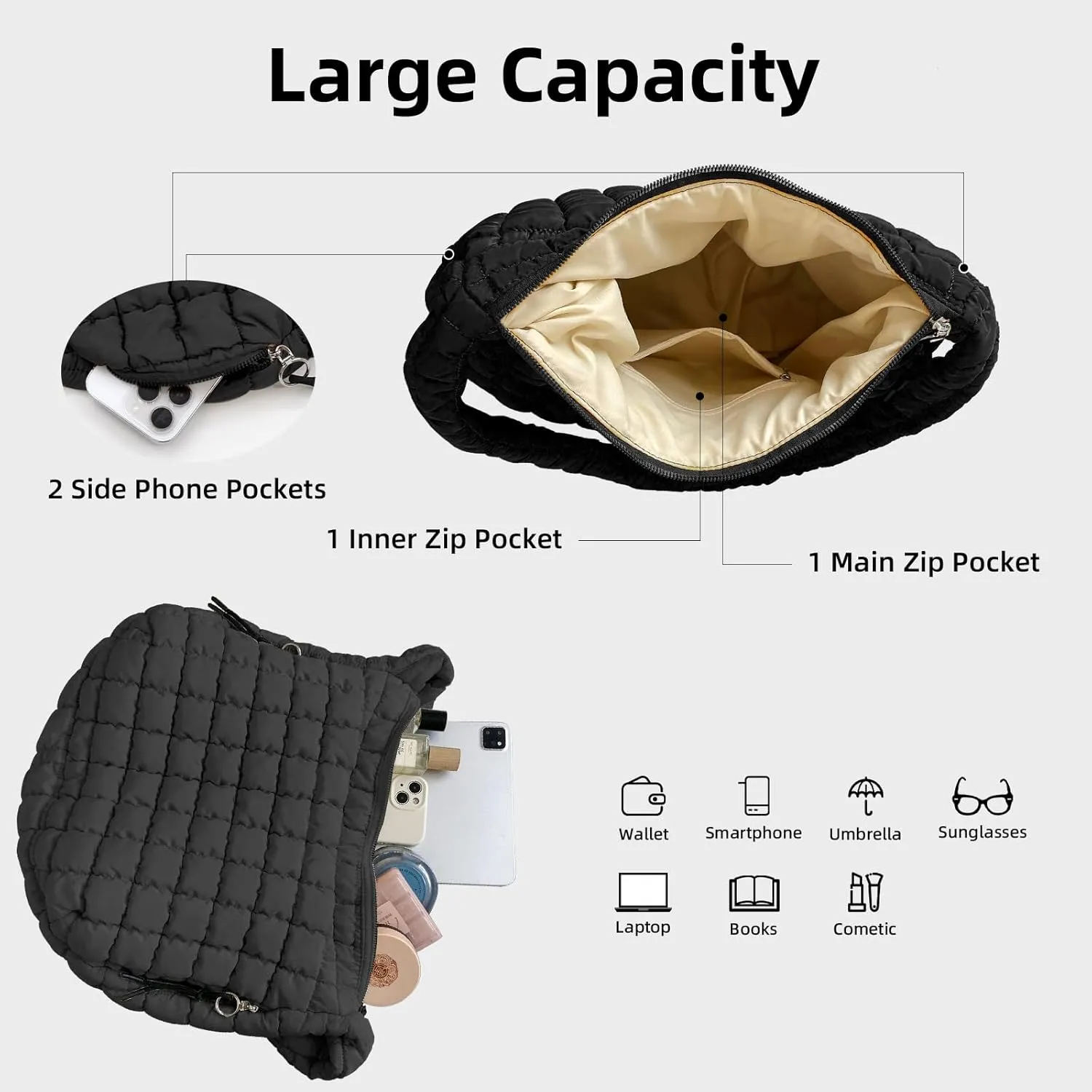 Large Quilted Tote Bag Crossbody Puffer Tote Bags for Women Quilted Hobo Bags Carryall Shoulder Bubble Bag