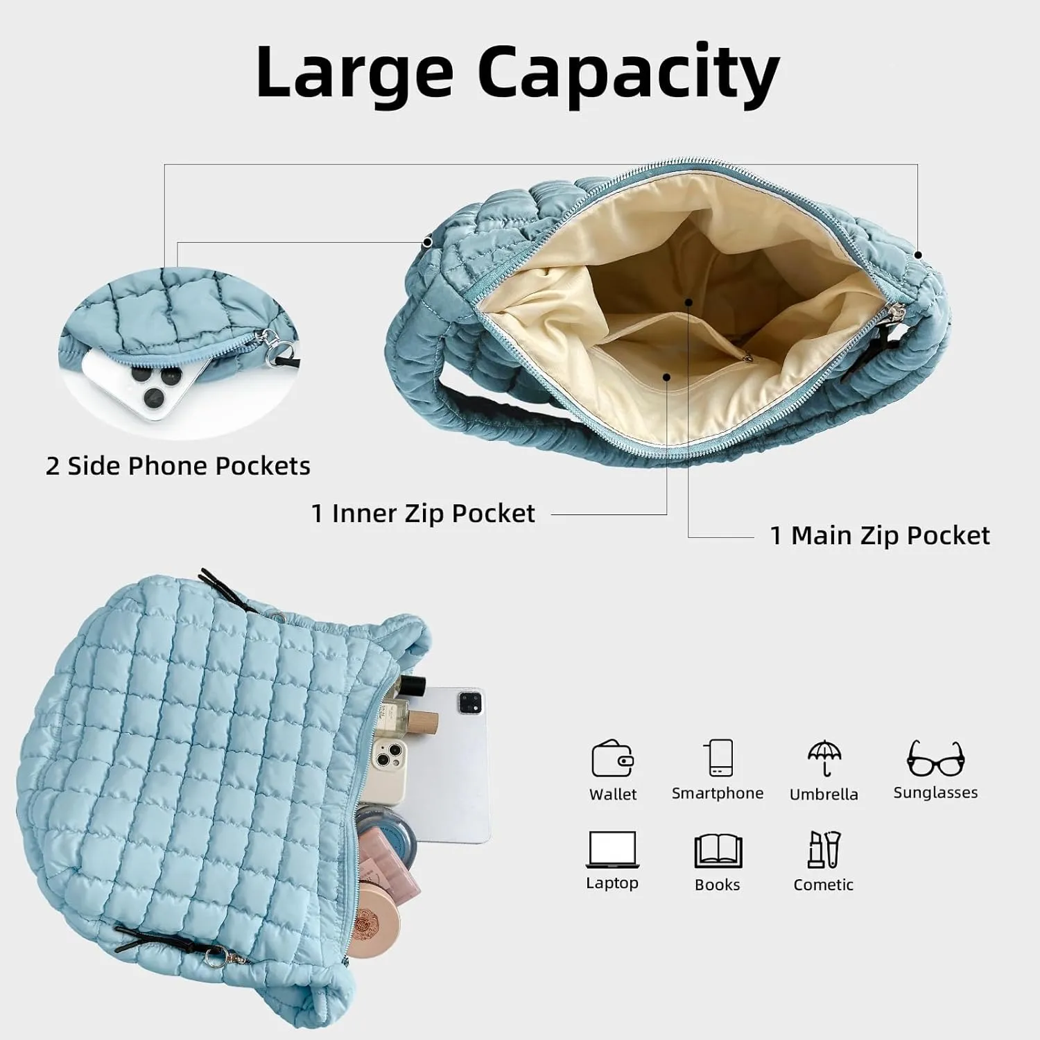 Large Quilted Tote Bag Crossbody Puffer Tote Bags for Women Quilted Hobo Bags Carryall Shoulder Bubble Bag