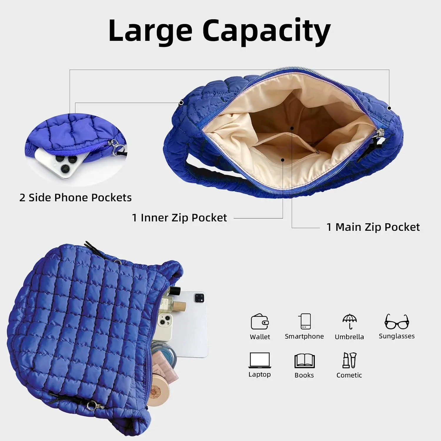 Large Quilted Tote Bag Crossbody Puffer Tote Bags for Women Quilted Hobo Bags Carryall Shoulder Bubble Bag