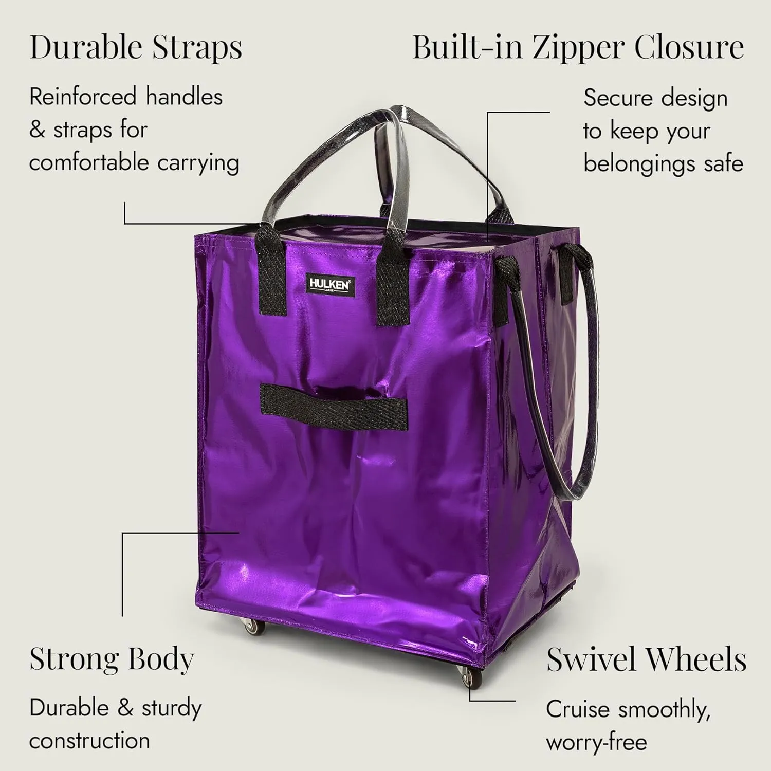 (Large, Ultraviolet Reusable Grocery Bag On Wheels, Shopping Trolley, Rolling Tote, Zipper Closure, Lightweight, Carries Up to 66 lb, Folds Flat, Unbreakable Handles