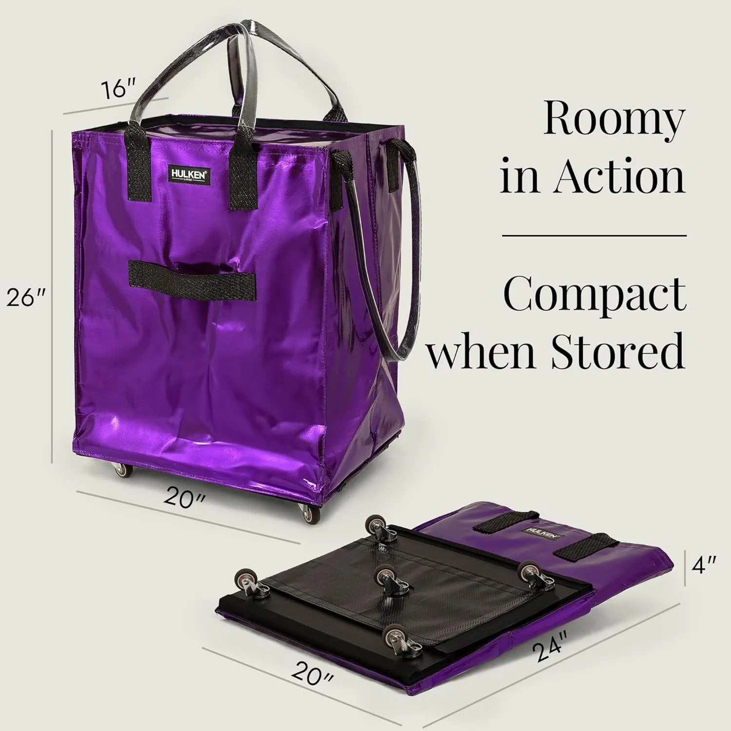 (Large, Ultraviolet Reusable Grocery Bag On Wheels, Shopping Trolley, Rolling Tote, Zipper Closure, Lightweight, Carries Up to 66 lb, Folds Flat, Unbreakable Handles