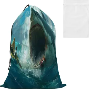 Laundry Bag Shark Biting The Raft Large Dirty Clothes Organizer Travel Bag with Drawstring for Home