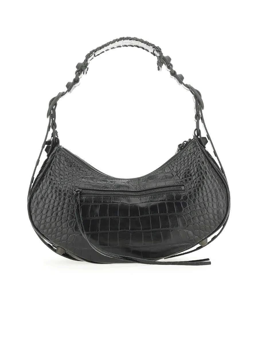 Le Cagole Small Shoulder Bag Crocodile Embossed Black