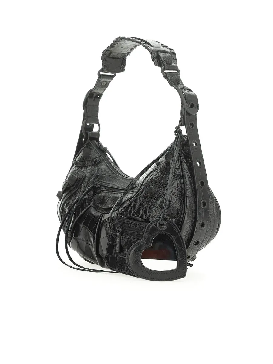 Le Cagole Small Shoulder Bag Crocodile Embossed Black