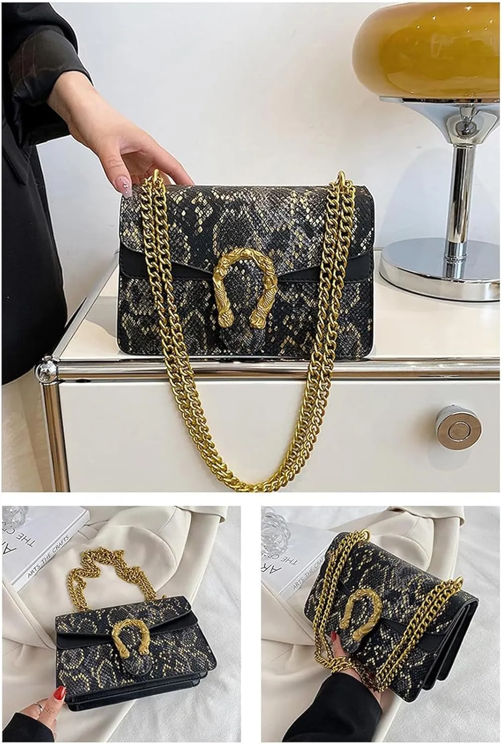 Leather Shoulder Bag Chain Satchel Purse for Women,Snake Print Crossbody Bag PU Leather Underarm Bag Square Handbag