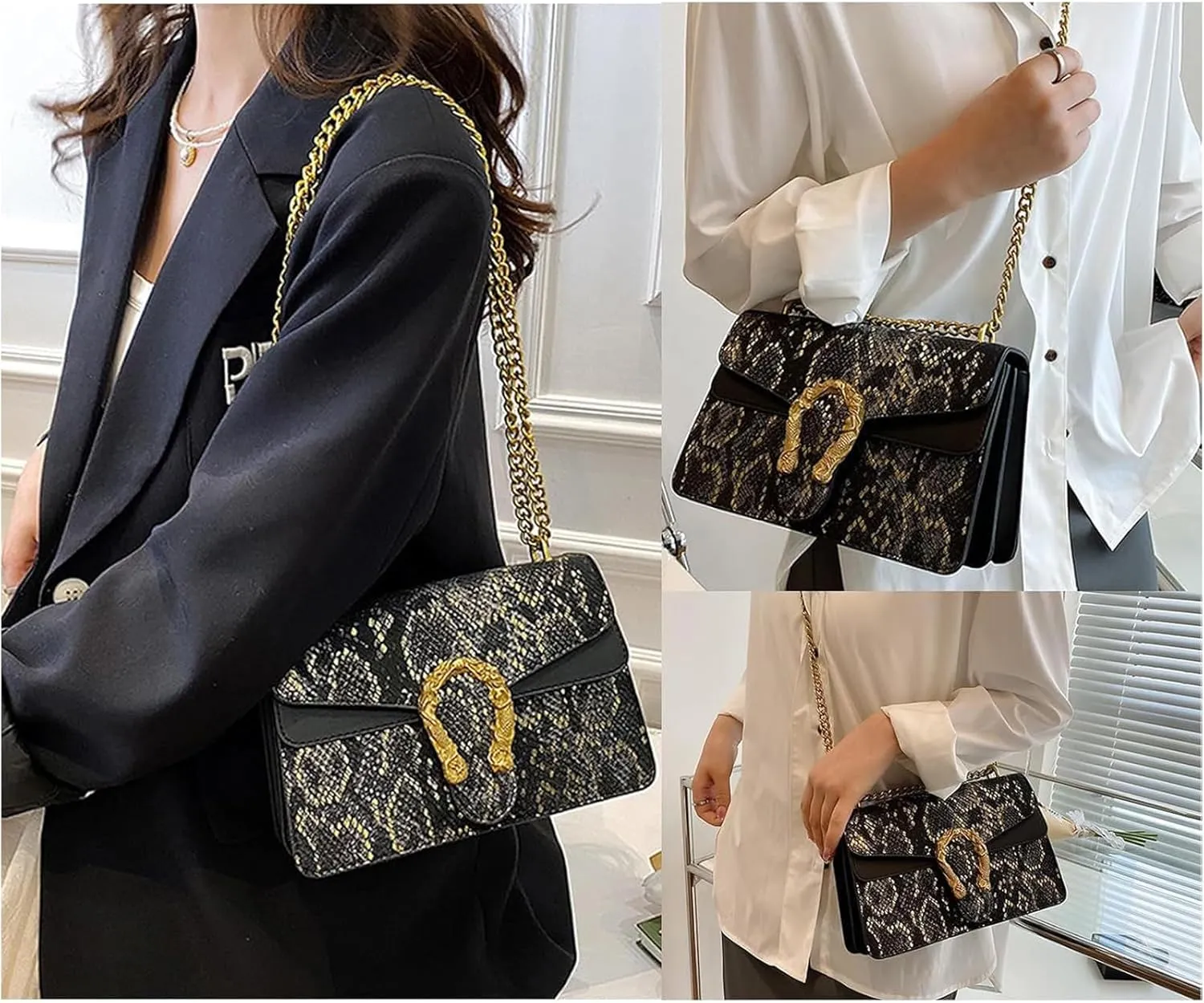 Leather Shoulder Bag Chain Satchel Purse for Women,Snake Print Crossbody Bag PU Leather Underarm Bag Square Handbag