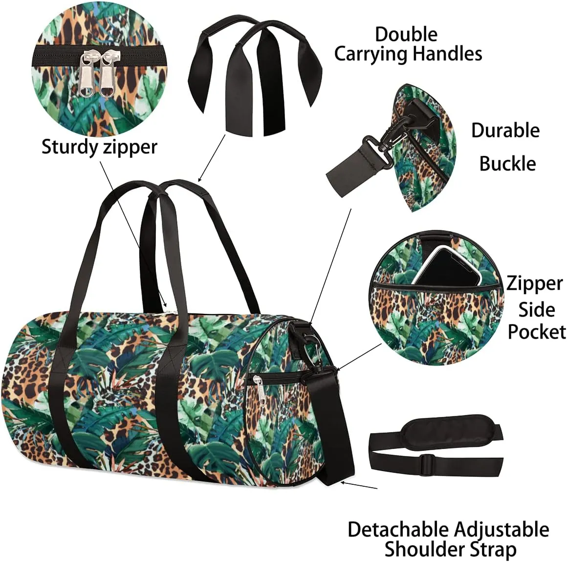 Leopard Leaf Pattern Gym Bag Small Gym Duffel Bags for Men Women Overnight Weekender Bag Lightweight Sport Duffle Bag Carry On Gymbag
