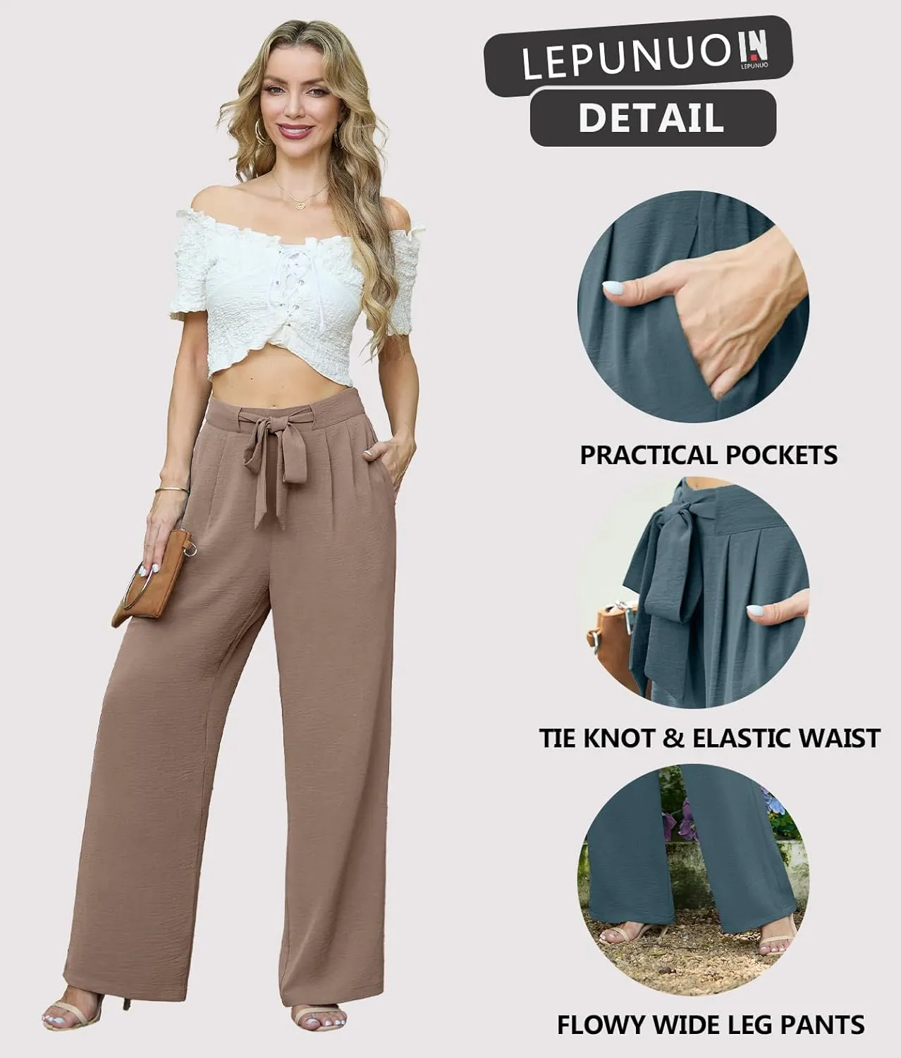 Lepunuo Women's High Waisted Wide Leg Flowy Pants Casual Palazzo Pants Work Adjustable Tie Knot Pants with Pockets