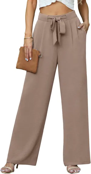 Lepunuo Women's High Waisted Wide Leg Flowy Pants Casual Palazzo Pants Work Adjustable Tie Knot Pants with Pockets