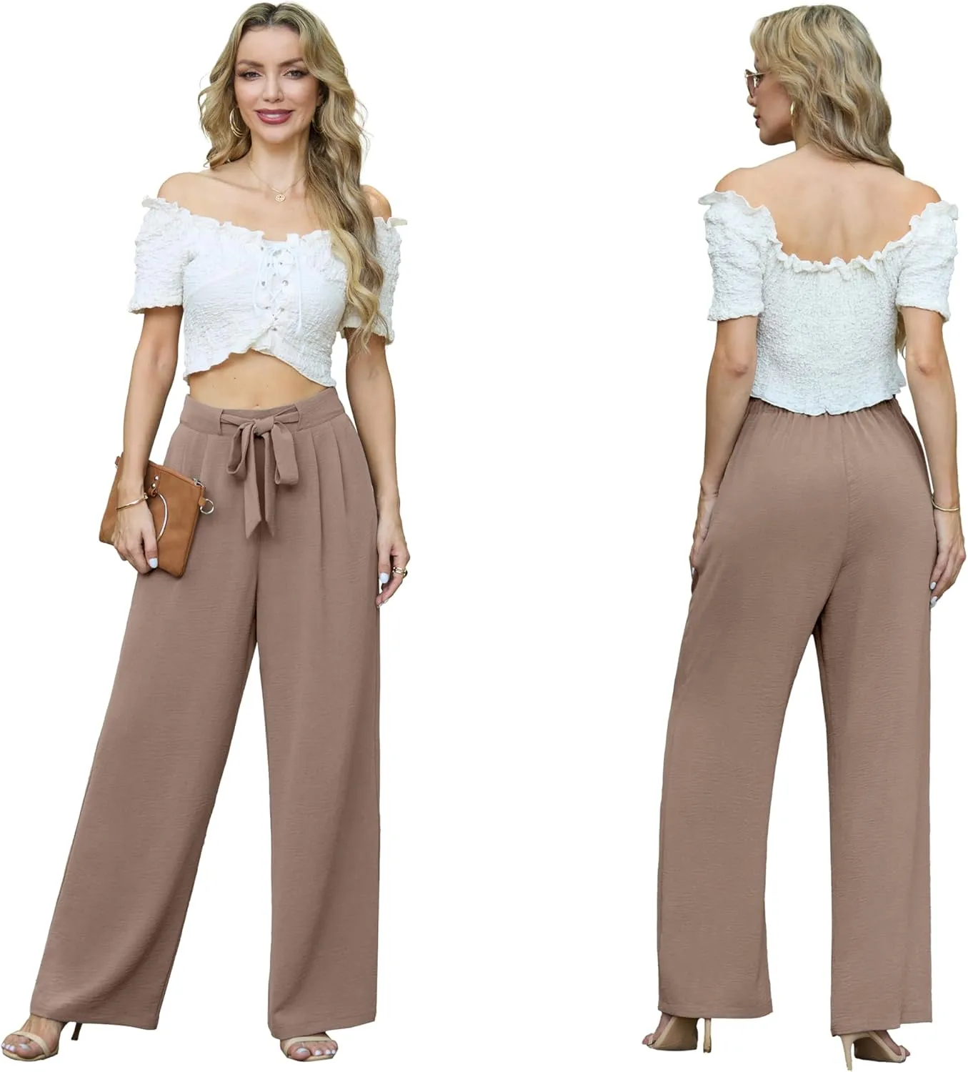 Lepunuo Women's High Waisted Wide Leg Flowy Pants Casual Palazzo Pants Work Adjustable Tie Knot Pants with Pockets