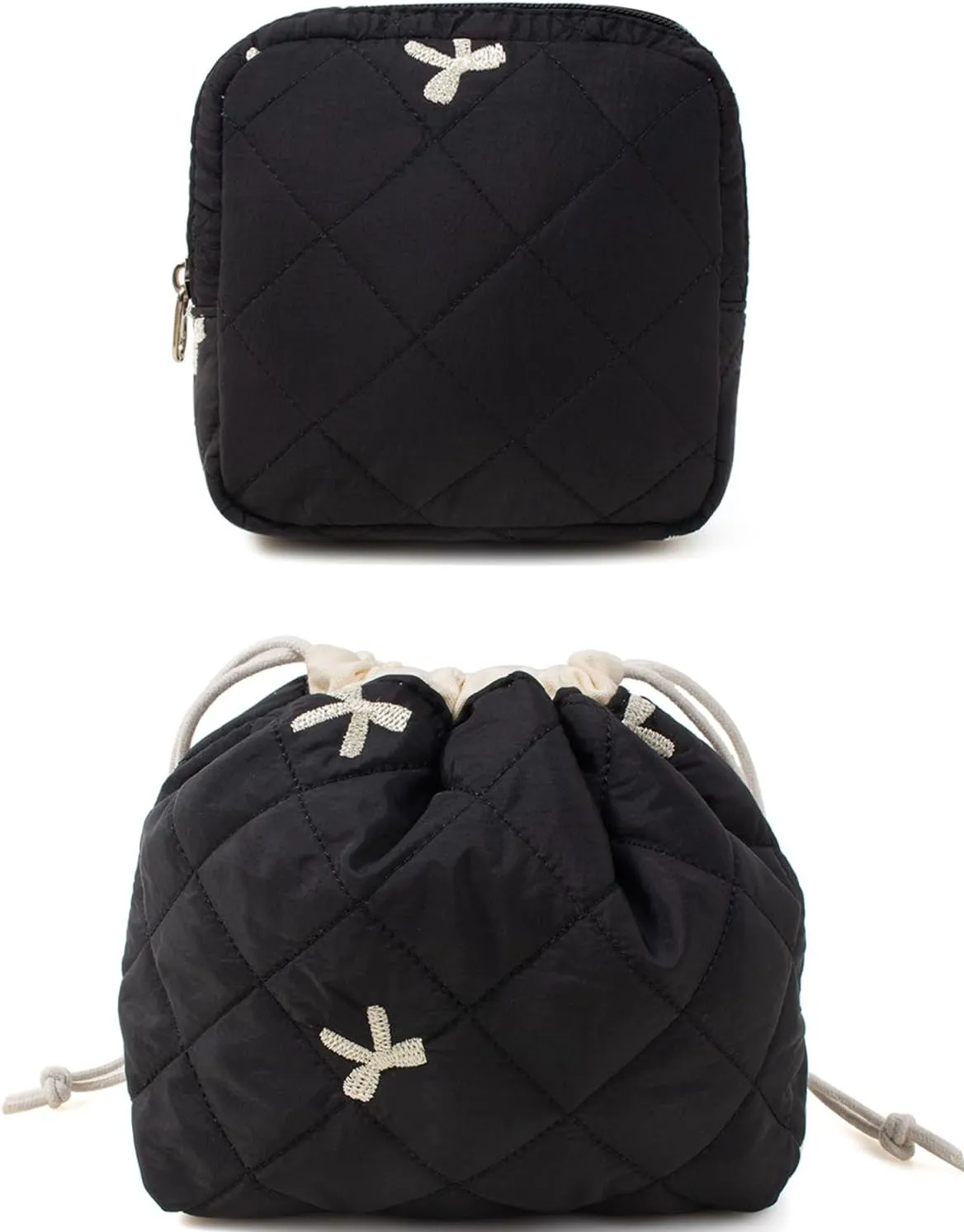 LETGO Cotton Makeup Bag,Quilted Cosmetic Bag,Large Make Up Bag for Women,Cotton Drawstring Makeup Bag Set, Travel Toiletry Bag Small Comestic Bag for Purse (Black Bow)