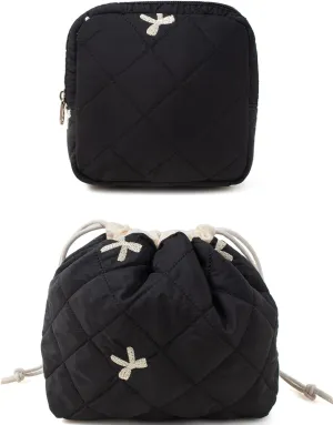 LETGO Cotton Makeup Bag,Quilted Cosmetic Bag,Large Make Up Bag for Women,Cotton Drawstring Makeup Bag Set, Travel Toiletry Bag Small Comestic Bag for Purse (Black Bow)