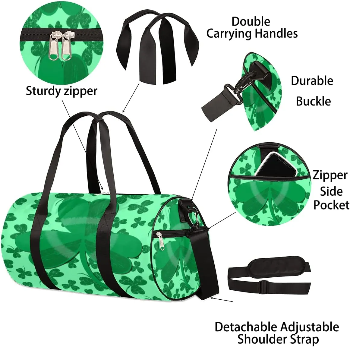 Light Green Shamrock Clover Gym Bag Small Gym Duffel Bags for Men Women Overnight Weekender Bag Lightweight Sport Duffle Bag Carry On Gymbag