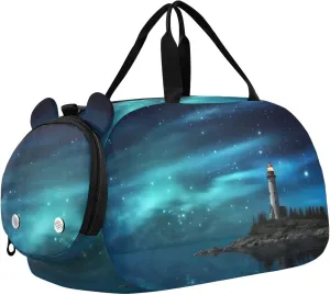 Lighthouse with Stars Duffle Bag for Girl, Sports Duffle Gym Bags with Shoe Compartment, Personalized Overnight Bag Travel Weekender for Kids