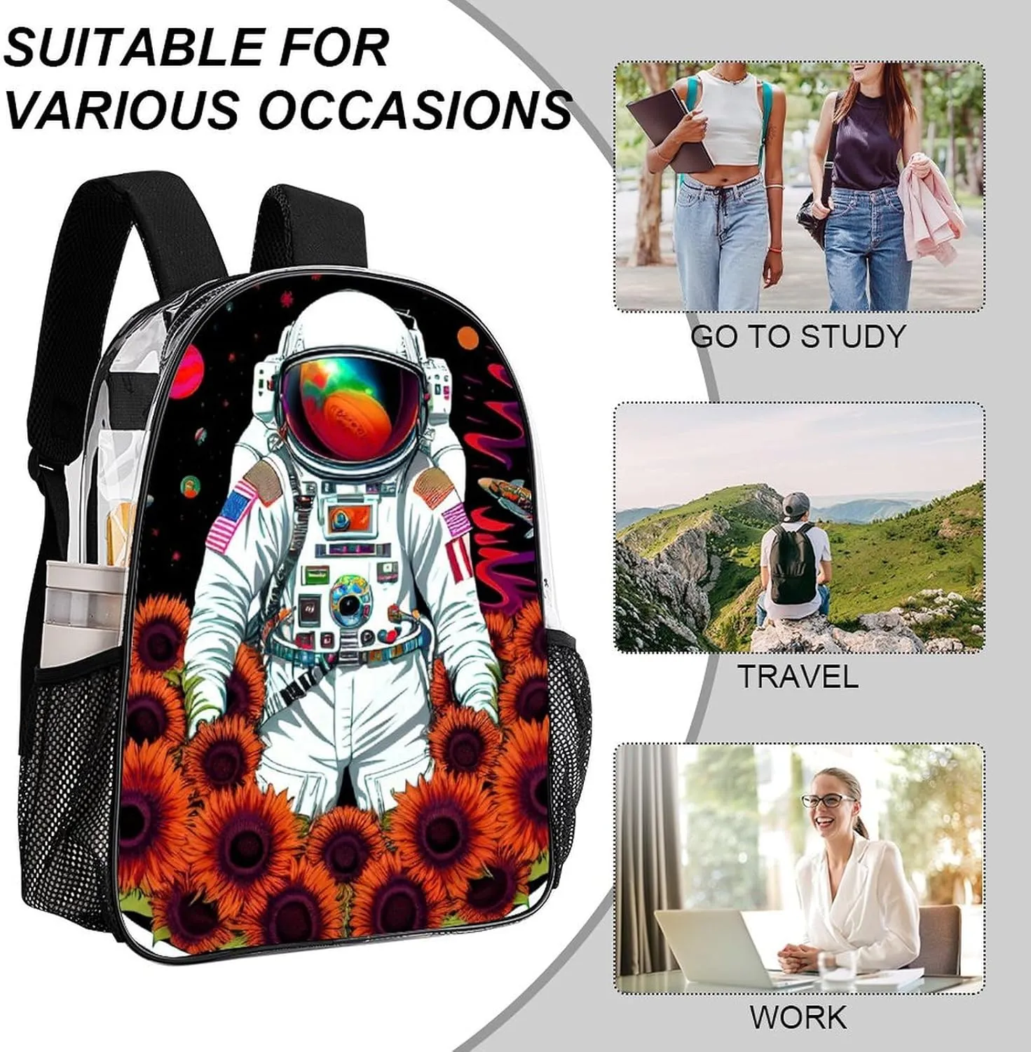 Lightweight Daypack Backpack for Sports Travel Running - Large Capacity Multipurpose Transparent Bookbag, Psychedelic Space Astronaut Sunflower Snake Art Laptop Backpack Daypack