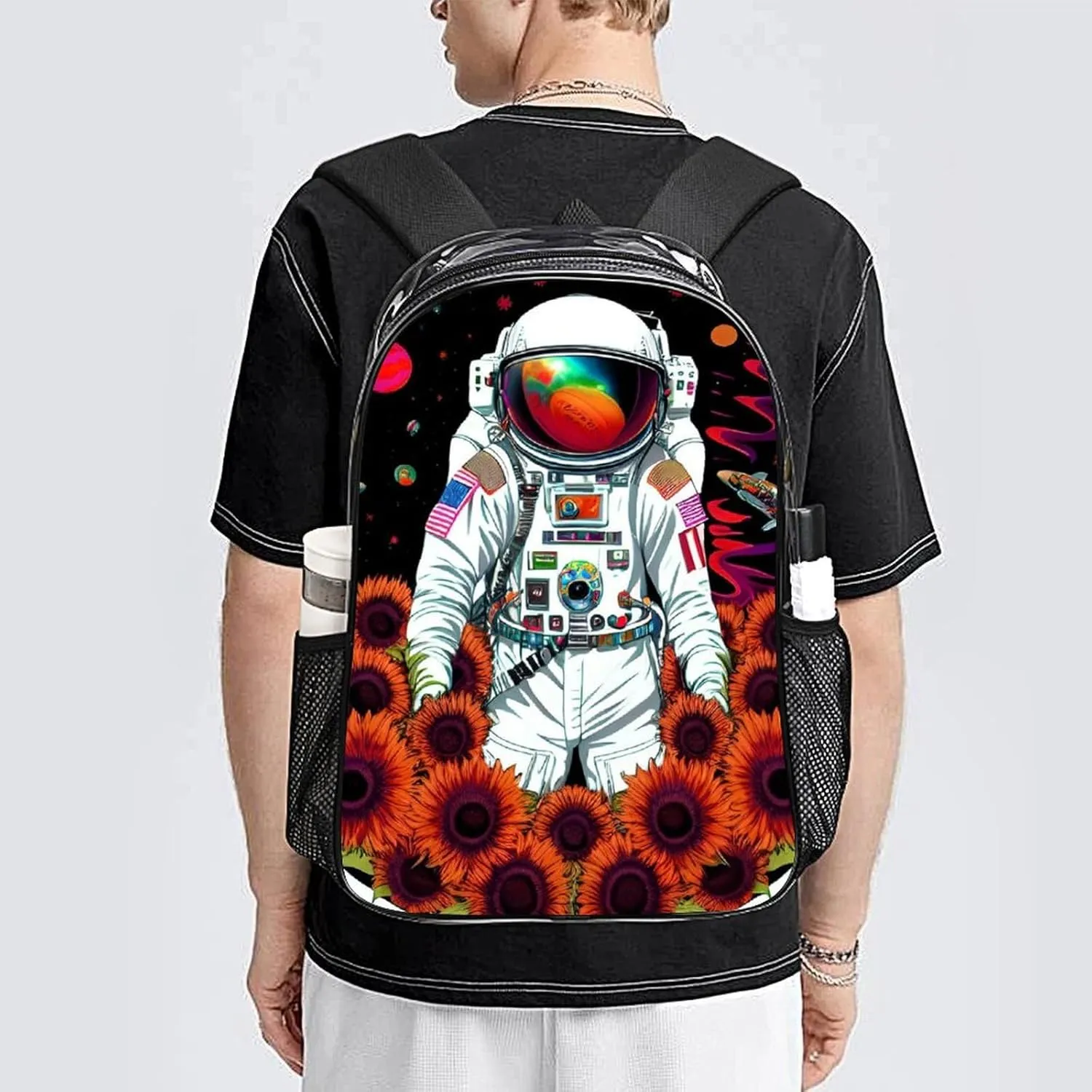 Lightweight Daypack Backpack for Sports Travel Running - Large Capacity Multipurpose Transparent Bookbag, Psychedelic Space Astronaut Sunflower Snake Art Laptop Backpack Daypack