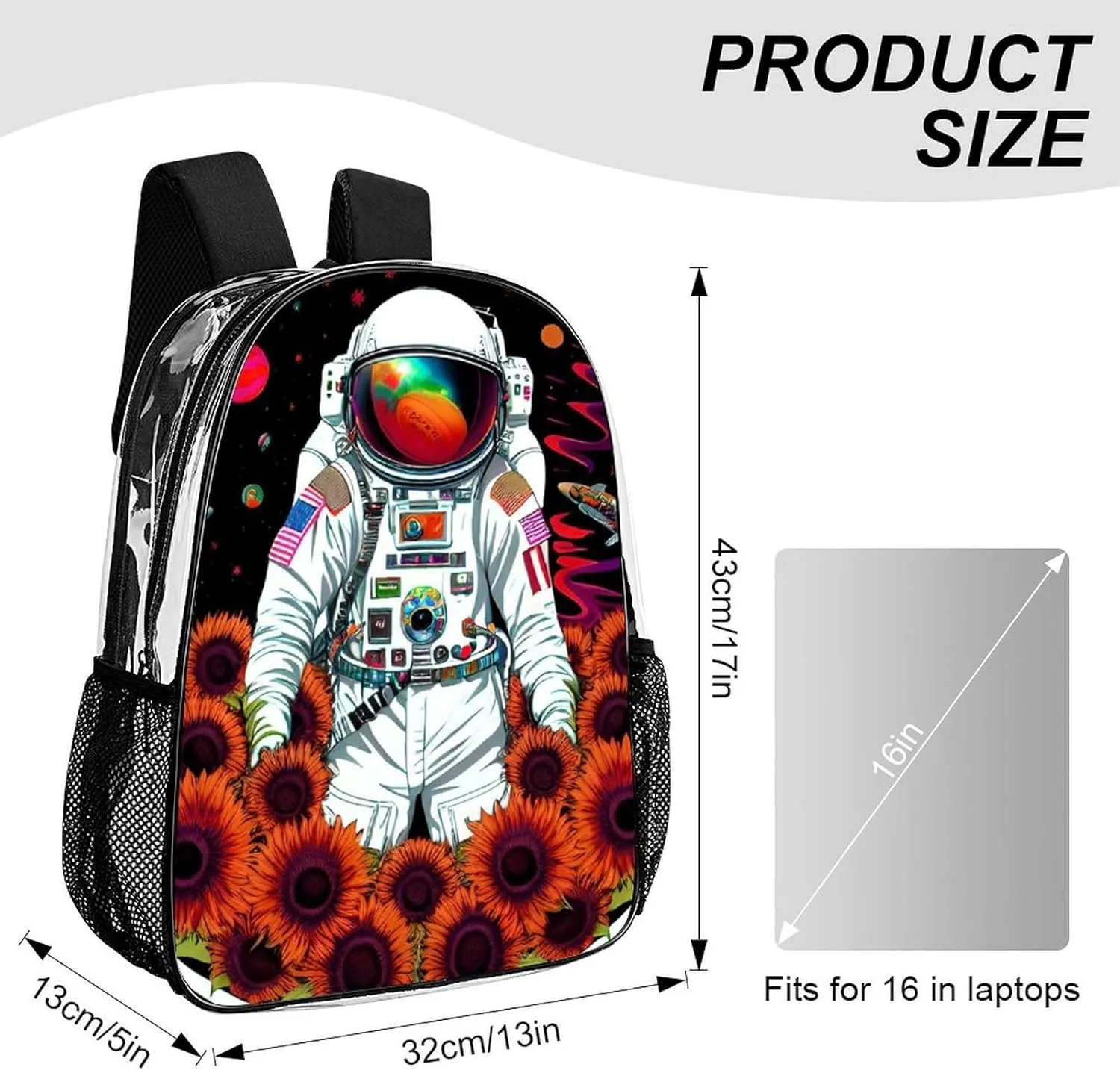 Lightweight Daypack Backpack for Sports Travel Running - Large Capacity Multipurpose Transparent Bookbag, Psychedelic Space Astronaut Sunflower Snake Art Laptop Backpack Daypack