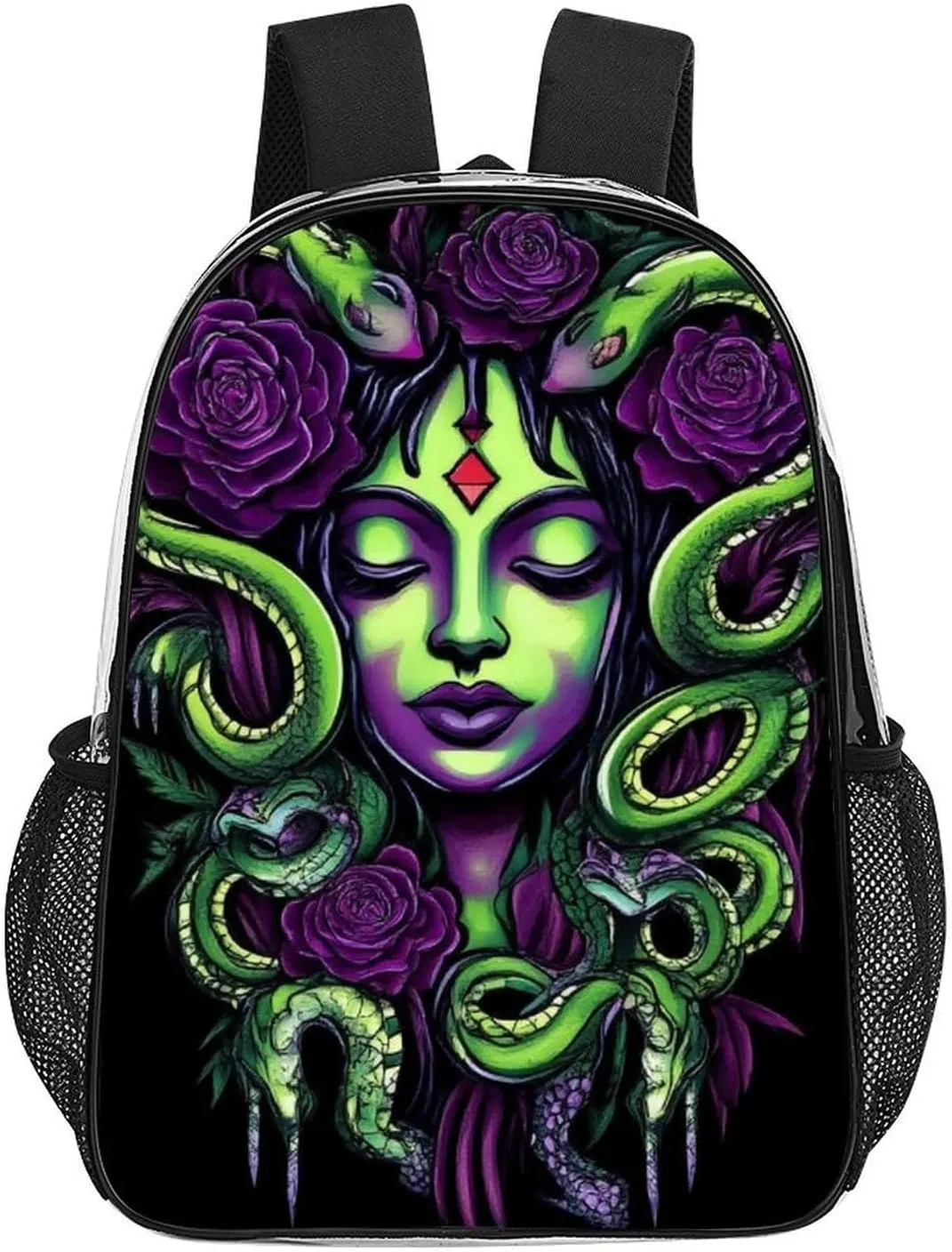 Lightweight Daypack Bookbag for Trekking Business Walking Cycling - Big Capacity Transparent Multipurpose Carry On Bag, Greek Goddess Snake Queen Medusa With Purple Rose Art Business Computer Bag