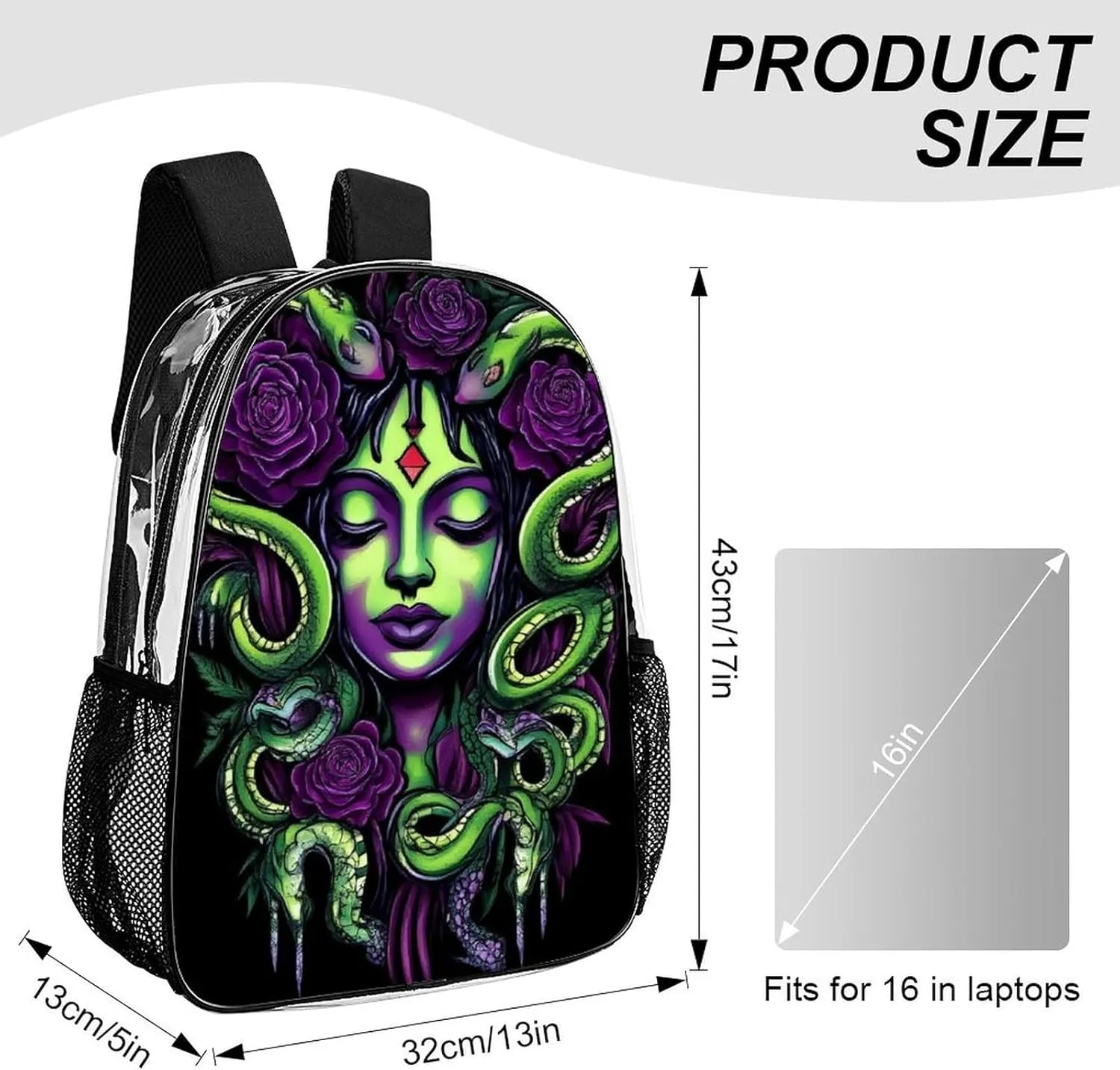 Lightweight Daypack Bookbag for Trekking Business Walking Cycling - Big Capacity Transparent Multipurpose Carry On Bag, Greek Goddess Snake Queen Medusa With Purple Rose Art Business Computer Bag