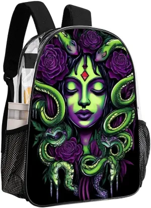 Lightweight Daypack Bookbag for Trekking Business Walking Cycling - Big Capacity Transparent Multipurpose Carry On Bag, Greek Goddess Snake Queen Medusa With Purple Rose Art Business Computer Bag
