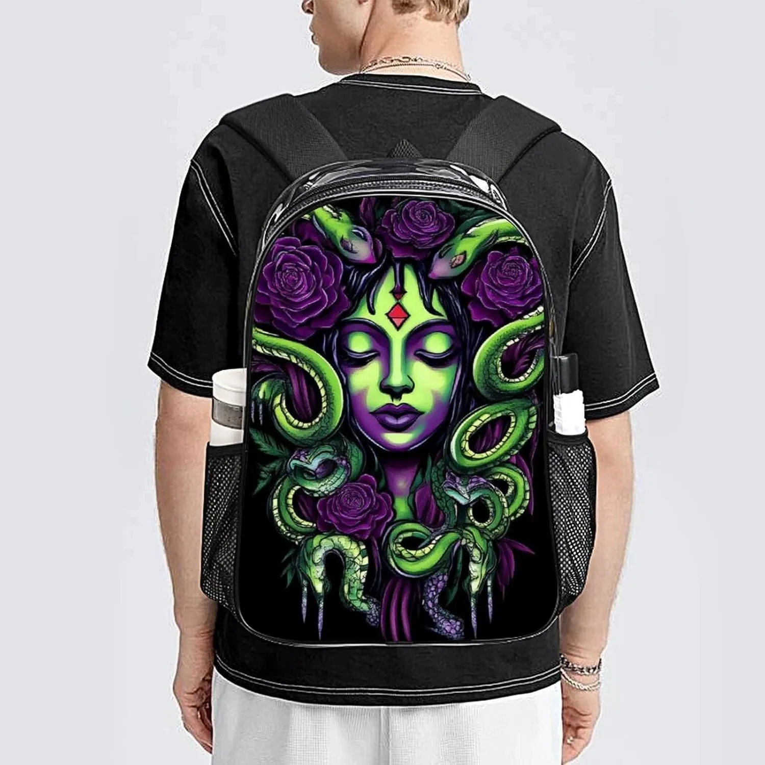 Lightweight Daypack Bookbag for Trekking Business Walking Cycling - Big Capacity Transparent Multipurpose Carry On Bag, Greek Goddess Snake Queen Medusa With Purple Rose Art Business Computer Bag