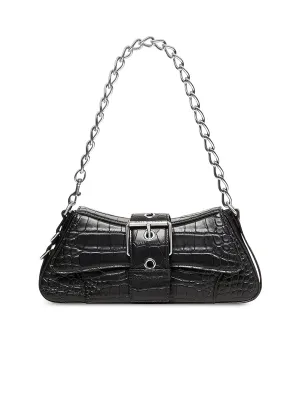 Lindsay Small Shoulder Bag With Strap Crocodile Embossed in Black Matte