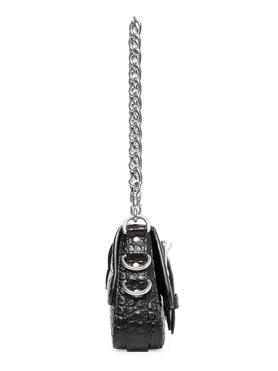 Lindsay Small Shoulder Bag With Strap Crocodile Embossed in Black Matte