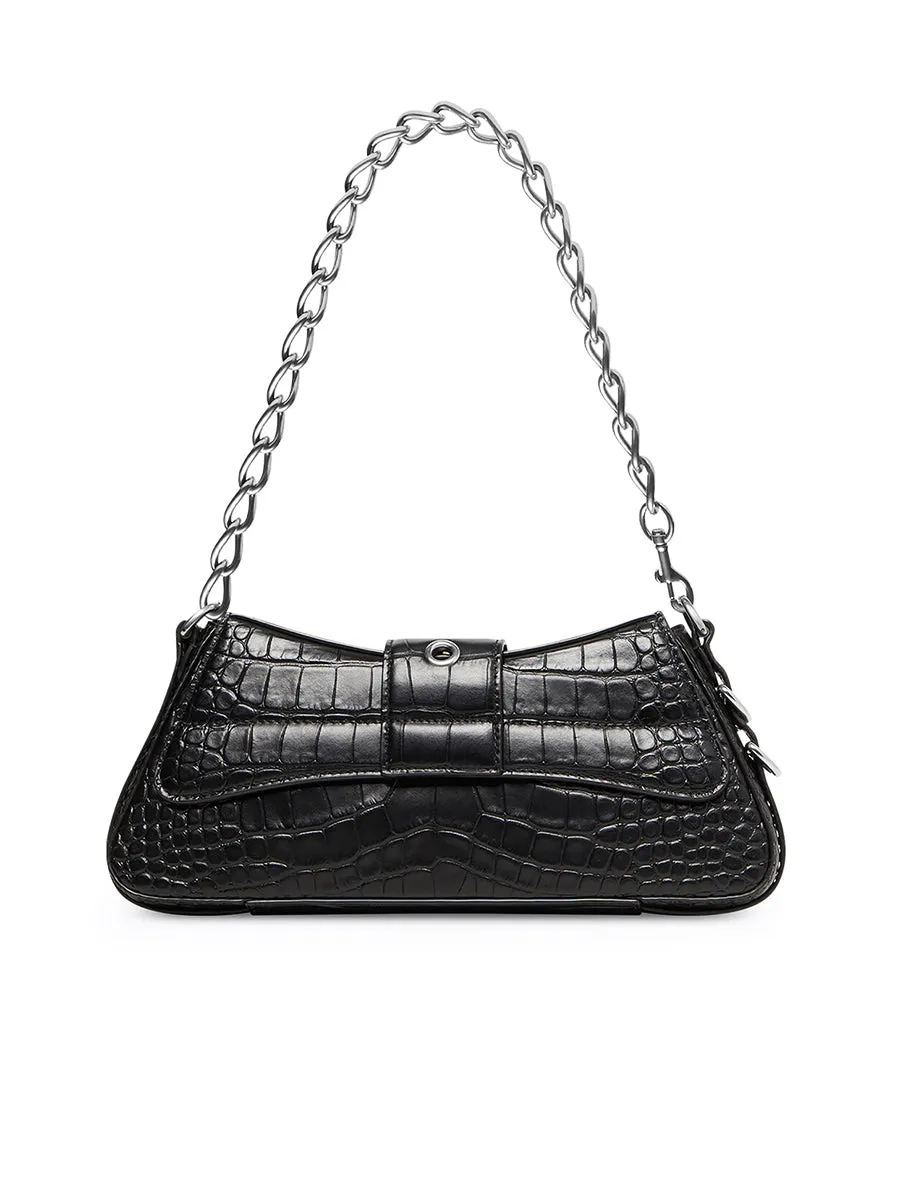 Lindsay Small Shoulder Bag With Strap Crocodile Embossed in Black Matte