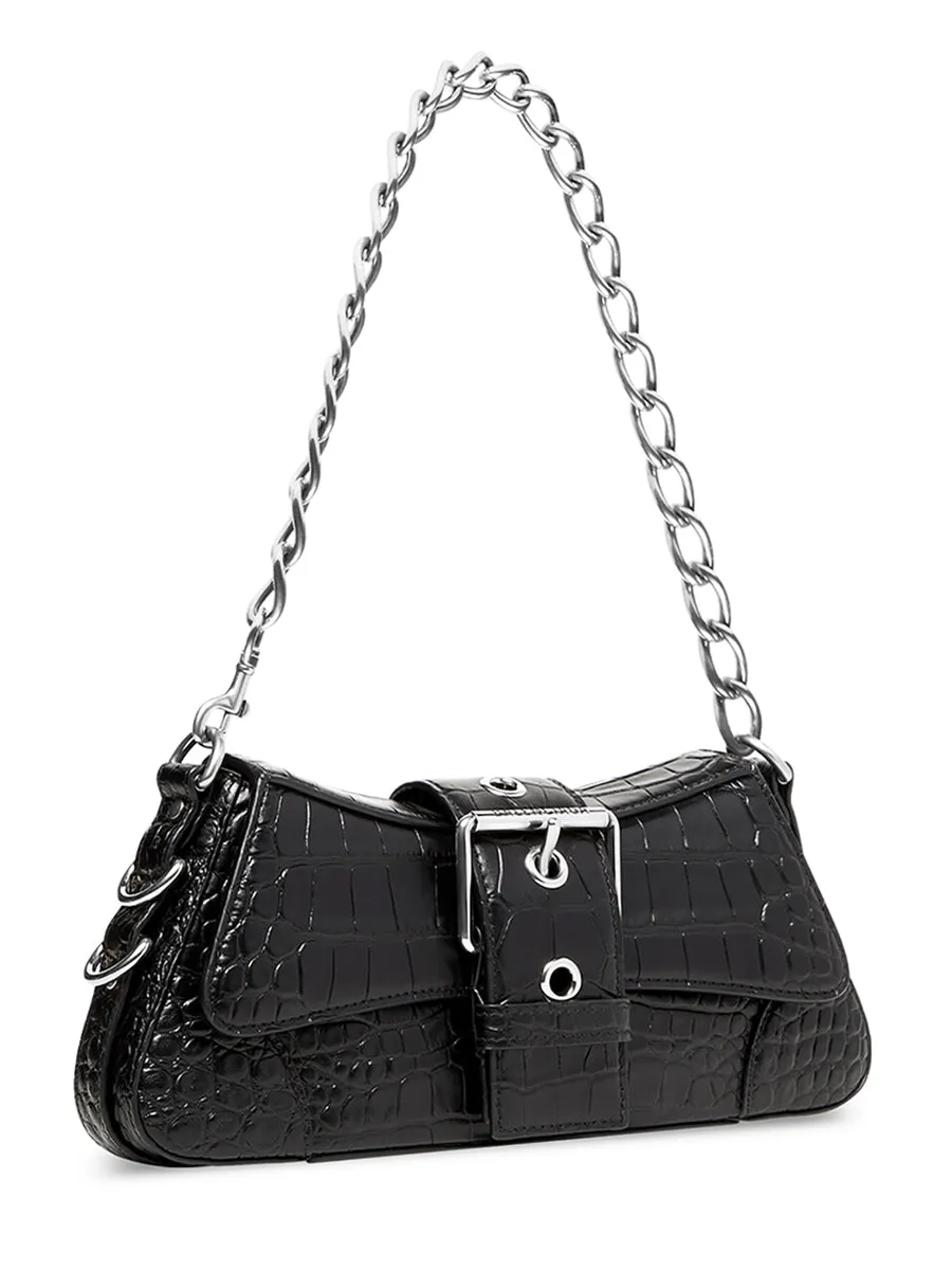 Lindsay Small Shoulder Bag With Strap Crocodile Embossed in Black Matte
