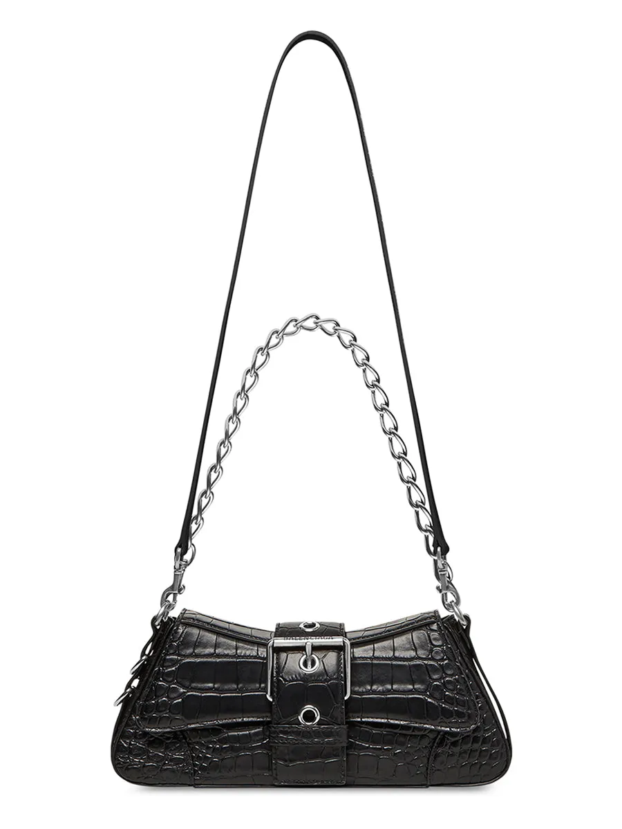 Lindsay Small Shoulder Bag With Strap Crocodile Embossed in Black Matte