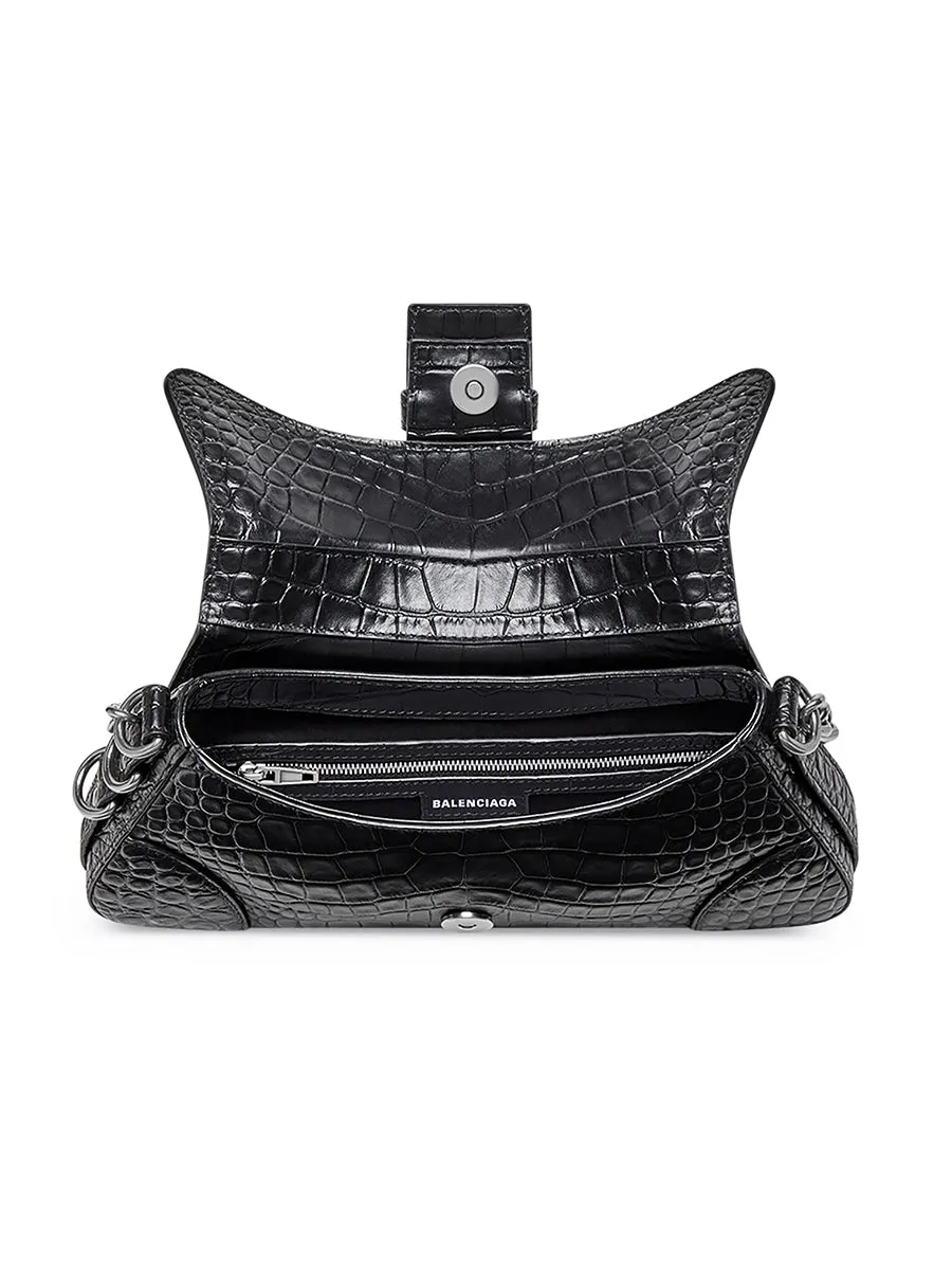 Lindsay Small Shoulder Bag With Strap Crocodile Embossed in Black Matte