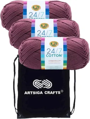 Lion Brand 24/7 Cotton Lilac 761-143 (3-Skeins - Same Dye Lot) Worsted Medium #4 Cotton Yarn for Crocheting and Knitting with Project Bag