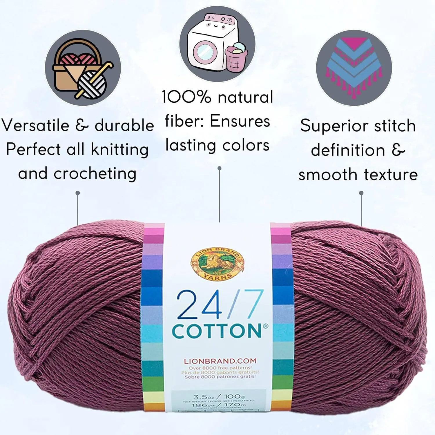 Lion Brand 24/7 Cotton Lilac 761-143 (3-Skeins - Same Dye Lot) Worsted Medium #4 Cotton Yarn for Crocheting and Knitting with Project Bag