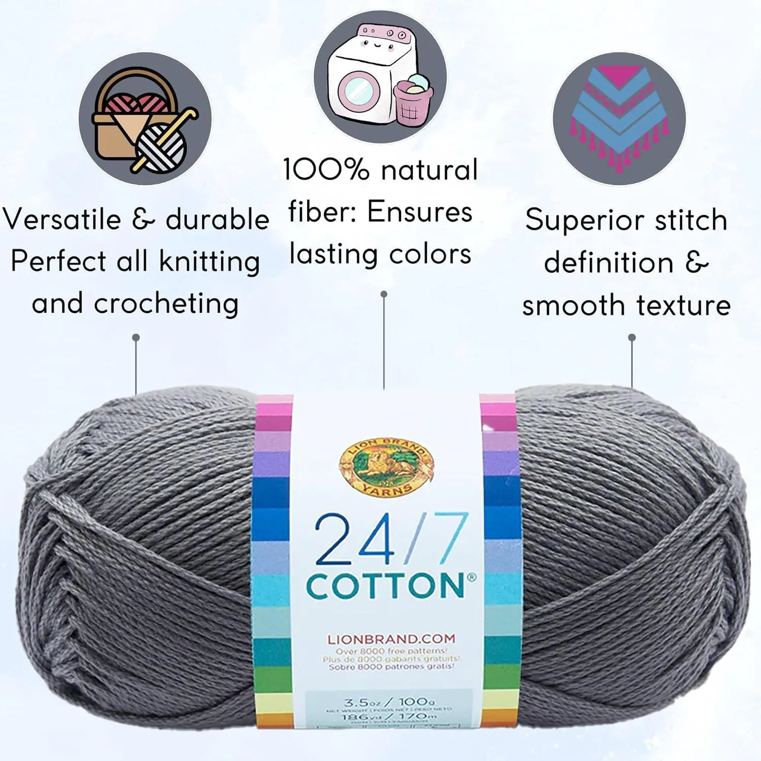 Lion Brand 24/7 Cotton Silver 761-149 (3-Skeins - Same Dye Lot) Worsted Medium #4 Cotton Yarn for Crocheting and Knitting with Project Bag