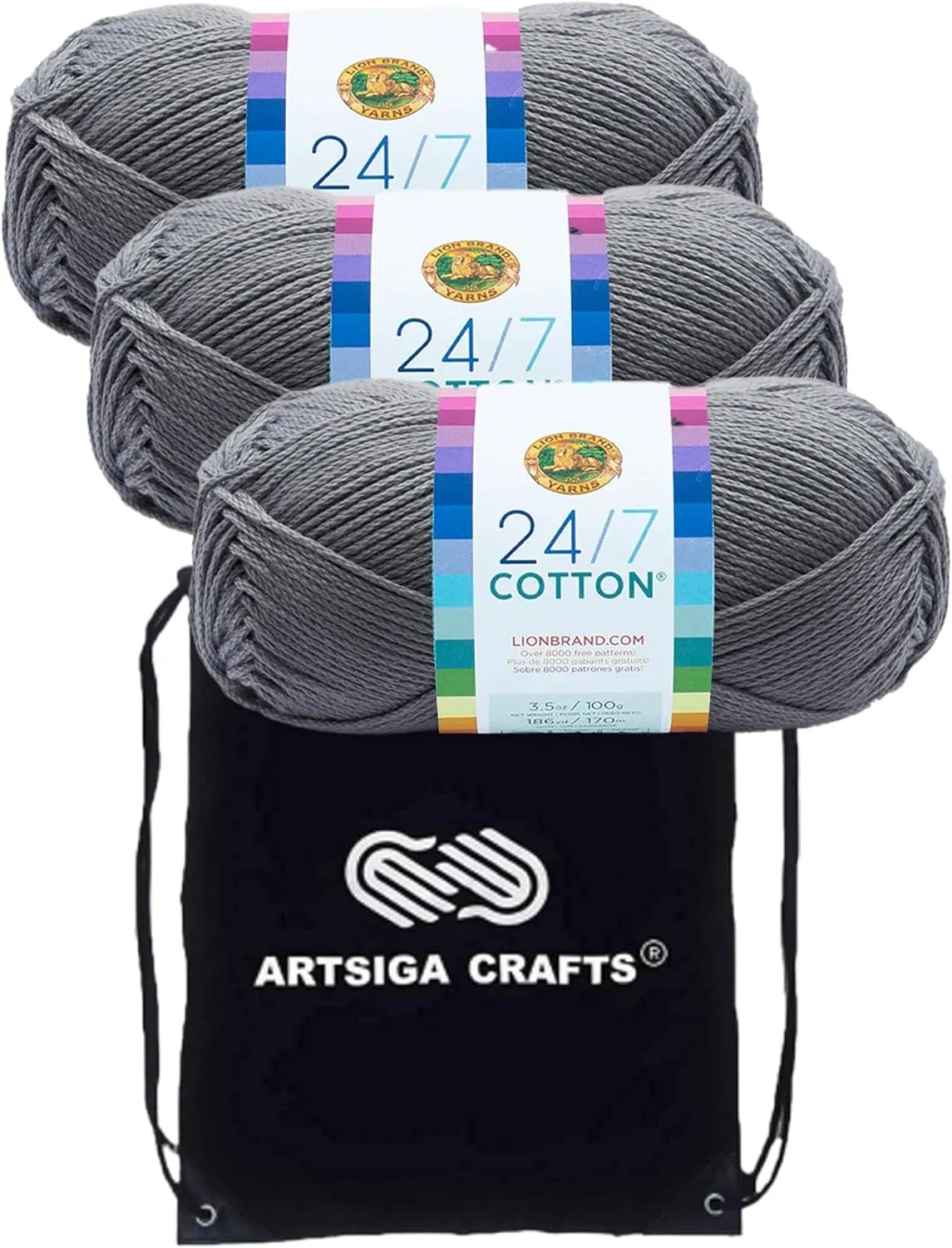 Lion Brand 24/7 Cotton Silver 761-149 (3-Skeins - Same Dye Lot) Worsted Medium #4 Cotton Yarn for Crocheting and Knitting with Project Bag