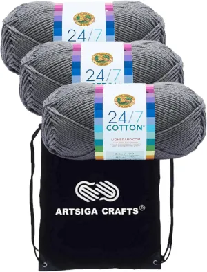 Lion Brand 24/7 Cotton Silver 761-149 (3-Skeins - Same Dye Lot) Worsted Medium #4 Cotton Yarn for Crocheting and Knitting with Project Bag