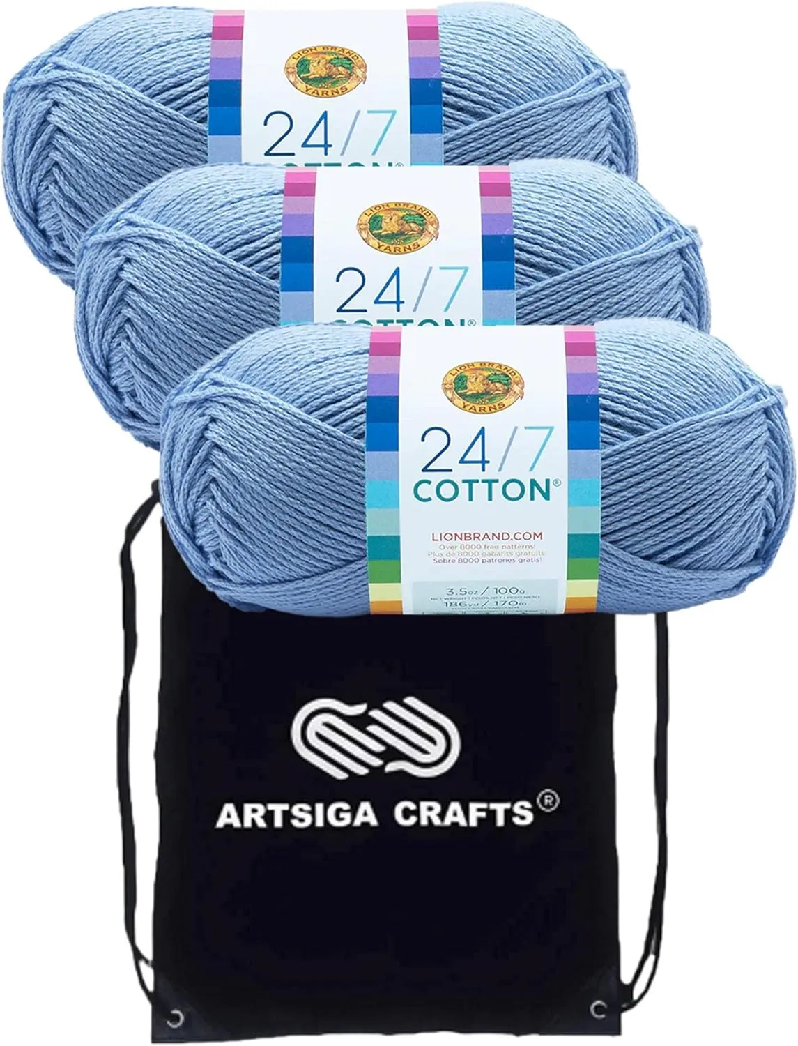 Lion Brand 24/7 Cotton Sky 761-107 (3-Skeins - Same Dye Lot) Worsted Medium #4 Cotton Yarn for Crocheting and Knitting with Project Bag