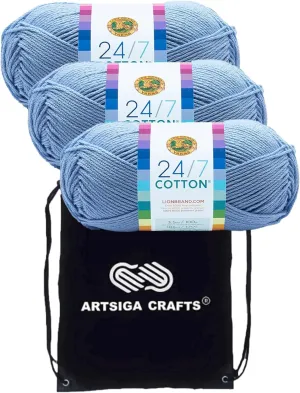 Lion Brand 24/7 Cotton Sky 761-107 (3-Skeins - Same Dye Lot) Worsted Medium #4 Cotton Yarn for Crocheting and Knitting with Project Bag