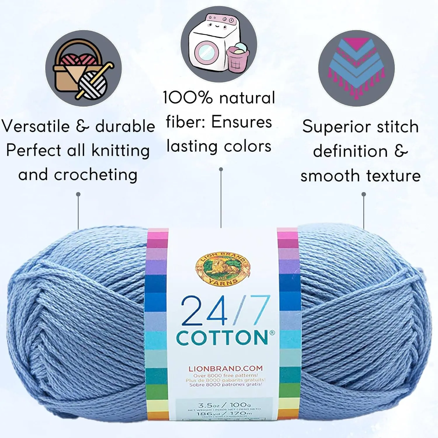 Lion Brand 24/7 Cotton Sky 761-107 (3-Skeins - Same Dye Lot) Worsted Medium #4 Cotton Yarn for Crocheting and Knitting with Project Bag