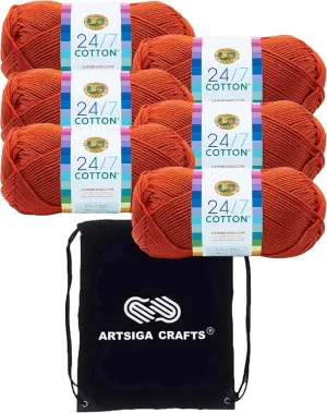 Lion Brand 24/7 Cotton Tangerine 761-133 (6-Skeins - Same Dye Lot) Worsted Medium #4 Cotton Yarn for Crocheting and Knitting with Project Bag